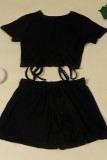 Zwart mode casual effen verband O-hals korte mouw twee stukken