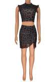 Leopard Print Sexy Print Leopard Patchwork O Neck Sleeveless Two Pieces