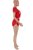Красный Спортивная одежда С принтом Пэчворк V-образный вырез С короткими рукавами Из двух частей