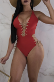 Red Sexy Solid Hollowed Out Swimwears