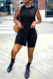 Zwart Mode Casual Effen Asymmetrische Kraag met capuchon Mouwloos Tweedelige kleding