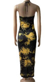 Gold Sexy Print Patchwork High Opening Halter Pencil Skirt Dresses