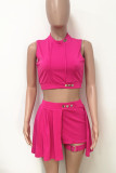 Rose Red Casual Solid Patchwork O Neck Sleeveless Two Pieces