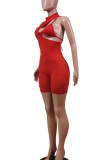 Red Sexy Solid Hollowed Out Patchwork Half A Turtleneck Skinny Rompers