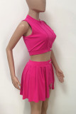 Rose Red Casual Solid Patchwork O Neck Sleeveless Two Pieces