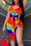 Regenbogenfarbe Mode Sexy Print Ausgehöhlter O-Ausschnitt Ärmellos Zweiteiler