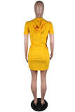 Желтое модное повседневное леопардовое лоскутное платье с воротником и коротким рукавом с капюшоном