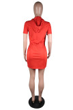 アーミーグリーンファッションカジュアルヒョウパッチワークフード付き襟半袖ドレス