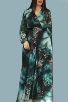 Robes élégantes imprimées patchwork col en V manches longues grande taille vert