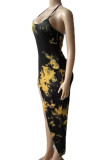 Gold Sexy Print Patchwork High Opening Halter Pencil Skirt Dresses