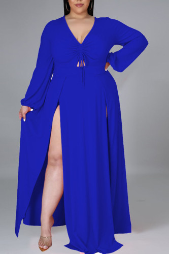 Vestidos azuis elegantes de retalhos sólidos frênulo com decote em v manga longa plus size