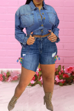 Deep Blue Casual Patchwork Ripped Skinny Mid Waist Pencil Patchwork Plus Size Denim Shorts
