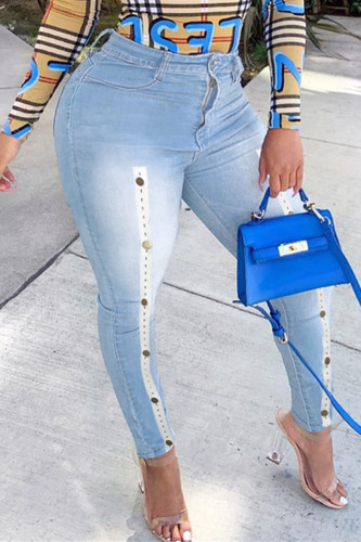 Light Blue Fashion Casual Patchwork Basic Plus Size Jeans