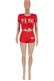Red Sportswear Print Patchwork V Neck Short Sleeve Two Pieces