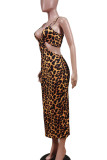 Leopard Print Sexy Print Hollowed Out Patchwork Spaghetti Strap Dresses