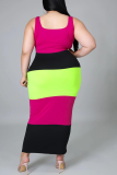 Blue Sexy Striped Patchwork Square Collar Pencil Skirt Plus Size Dresses