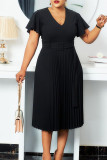 Schwarzes, elegantes, solides Patchwork mit V-Ausschnitt, plissierte Kleider in Übergröße