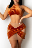 Orange Sexy Patchwork See-through Backless O Neck Sleeveless Two Pieces