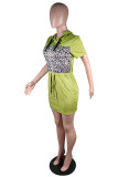 Robe décontractée à la mode léopard patchwork col à capuche manches courtes vert armée