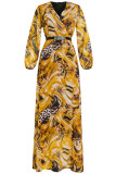 Gele elegante print patchwork v-hals lange mouwen grote maten jurken