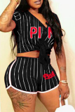 Black Sportswear Print Patchwork V Neck Short Sleeve Two Pieces