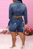 Djupblå Casual Patchwork Ripped Skinny Mid Waist Pencil Patchwork Plus Size jeansshorts