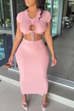 Pink Sexy Solid Hollowed Out O Neck Short Sleeve Two Pieces