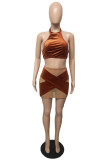 Orange Sexy Patchwork See-through Backless O Neck Sleeveless Two Pieces