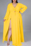 Vestidos amarelos elegantes de patchwork sólido frênulo com abertura alta decote em v manga longa plus size