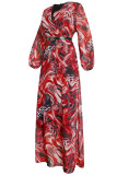 Red Elegant Print Patchwork V Neck Long Sleeve Plus Size Dresses