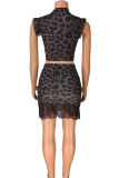 Leopard Print Sexy Print Leopard Patchwork O Neck Sleeveless Two Pieces
