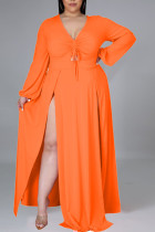Robes élégantes solides en patchwork de freins à col en V et à manches longues grande taille orange