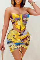 Yellow Sexy Print Patchwork Strapless Sleeveless Two Pieces
