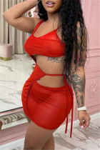 Красное сексуальное сплошное выдолбленное прозрачное платье без рукавов на тонких бретельках