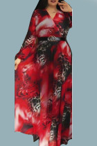 レッドのエレガントなプリント パッチワーク V ネック長袖プラス サイズ ドレス