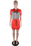 アーミーグリーンファッションカジュアルヒョウパッチワークフード付き襟半袖ドレス