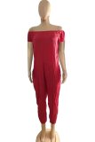 Rode casual effen patchwork off-shoulder Harlan jumpsuits