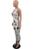 White Fashion Sexy Print Hollowed Out Backless One Shoulder Skinny Jumpsuits
