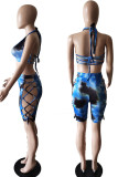 Blue Sexy Print Hollowed Out Patchwork Frenulum Halter Sleeveless Two Pieces Swimwear