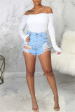 Baby Blue Fashion Casual Patchwork Mid Waist Straight Hot Pant Distressed Ripped Jeans
