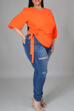 オレンジ ファッション カジュアル ソリッド ベーシック O ネック プラスサイズ トップス