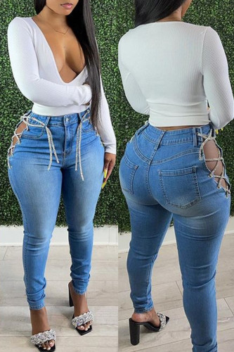 Baby Blue Fashion Solid Bandage Hollowed Out High Waist Skinny Denim Jeans