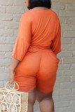 Orange Casual Solid Patchwork O Neck Plus Size Two Pieces