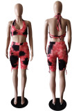 Red Sexy Print Hollowed Out Patchwork Frenulum Halter Sleeveless Two Pieces Swimwear