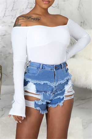 Dark Blue Fashion Casual Patchwork Mid Waist Straight Hot Pant Distressed Ripped Jeans
