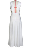 White Elegant Solid Lace Patchwork Backless V Neck Evening Dress Dresses