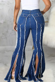 Calça Jeans Azul Bebê Street Solid Patchwork com Fenda e Corte de Bota Jeans