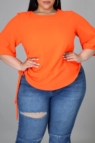 Orange Fashion Casual Solid Basic O Neck Plus Size Tops