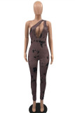 Black Fashion Sexy Print Hollowed Out Backless One Shoulder Skinny Jumpsuits