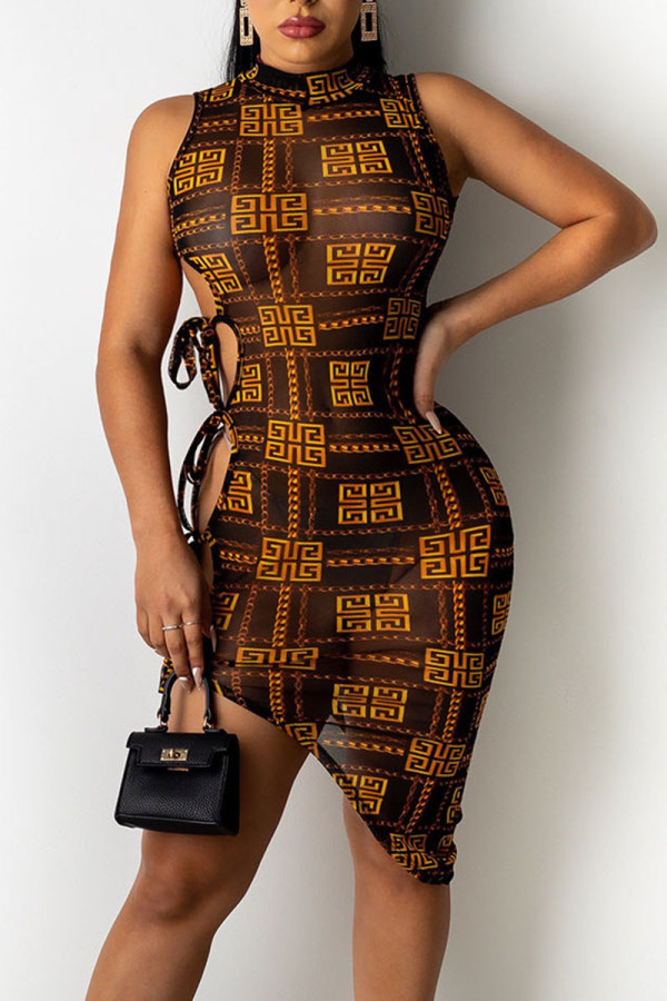 Brownness Sexy Print Patchwork Frenulum Asymmetrical O Neck Irregular Dress Dresses